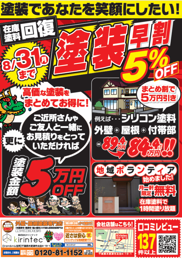 【8/31まで】塗装早割5％OFFキャンペーン開催！お得な「まとめ割」や地域ボランティア企画も【kirintec】サムネイル